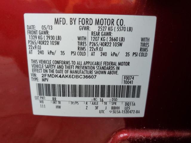 2FMDK4AK6DBC36607 - 2013 FORD EDGE SPORT RED photo 13