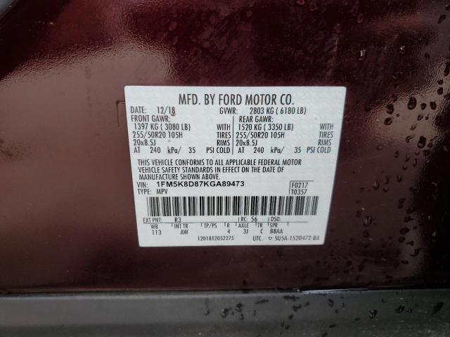 1FM5K8D87KGA89473 - 2019 FORD EXPLORER XLT BURGUNDY photo 13