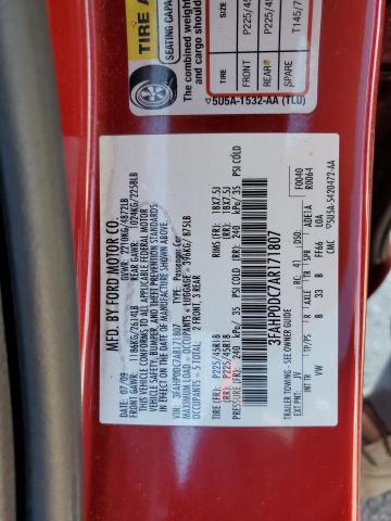 3FAHP0DC7AR171807 - 2010 FORD FUSION SPORT RED photo 12