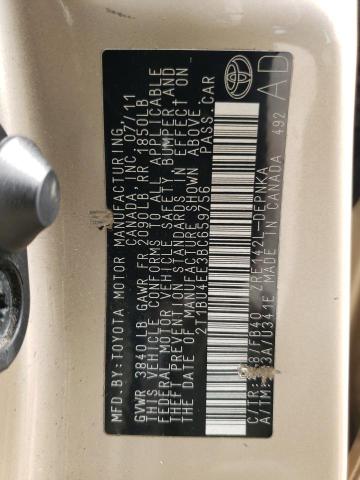 2T1BU4EE3BC659756 - 2011 TOYOTA COROLLA BASE TAN photo 12