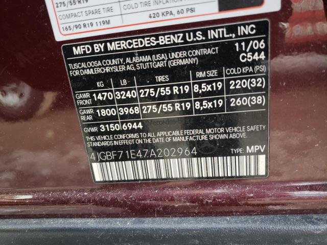 4JGBF71E47A202964 - 2007 MERCEDES-BENZ GL 450 4MATIC MAROON photo 13