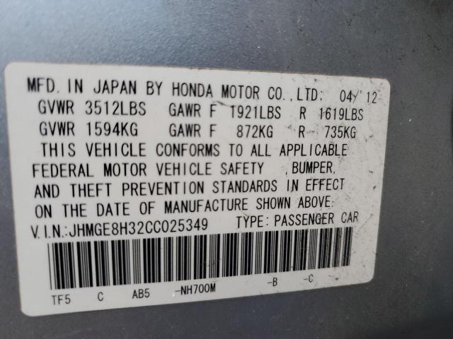 JHMGE8H32CC025349 - 2012 HONDA FIT SILVER photo 12