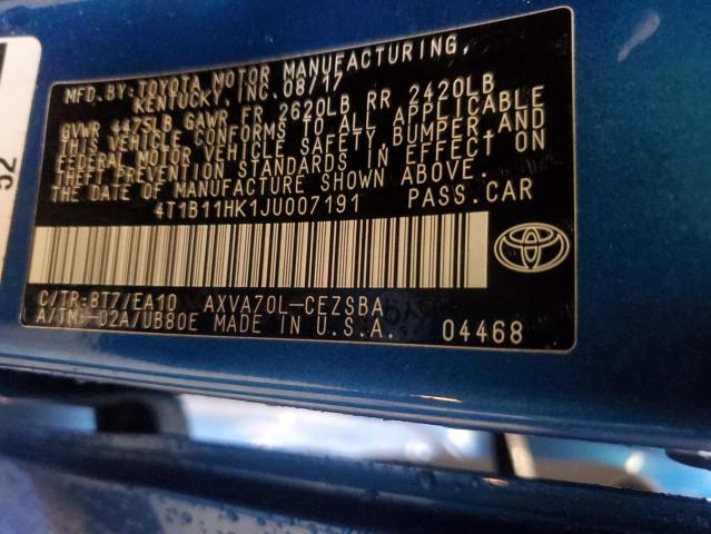 4T1B11HK1JU007191 - 2018 TOYOTA CAMRY L BLUE photo 13