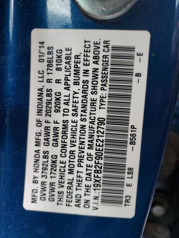 19XFB2F90EE212790 - 2014 HONDA CIVIC EXL ლურჯი ფოტო 12