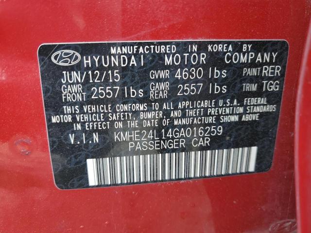 KMHE24L14GA016259 - 2016 HYUNDAI SONATA HYBRID RED photo 12