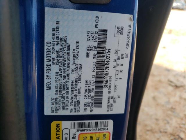 3FA6P0H79HR402964 - 2017 FORD FUSION SE BLUE photo 12