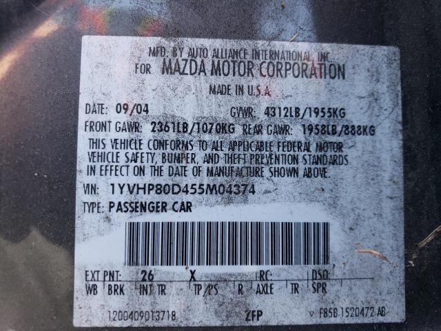 1YVHP80D455M04374 - 2006 MAZDA MAZDA6 S GRAY photo 12