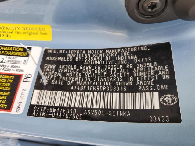 4T4BF1FK8DR303016 - 2013 TOYOTA CAMRY L TURQUOISE photo 12