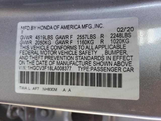 1HGCV3F18LA008377 - 2020 HONDA ACCORD HYBRID SILVER photo 12