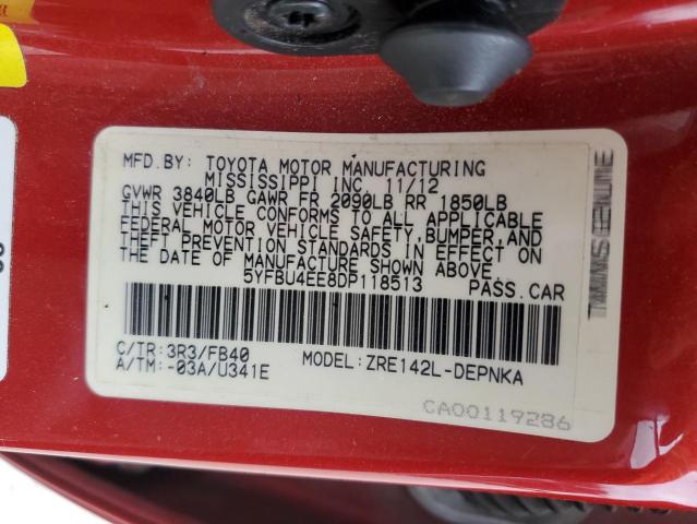 5YFBU4EE8DP118513 - 2013 TOYOTA COROLLA BASE RED photo 12