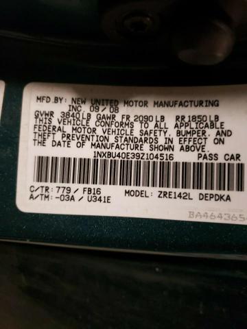 1NXBU40E39Z104516 - 2009 TOYOTA COROLLA BASE 绿色 照片 12