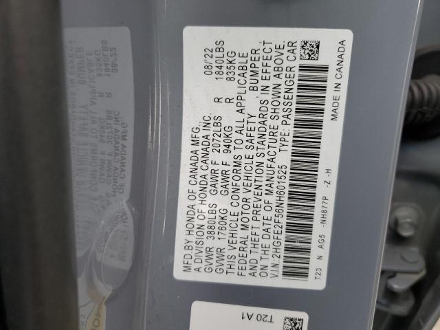 2HGFE2F56NH601525 - 2022 HONDA CIVIC SPORT 灰色 照片 12