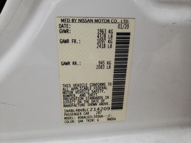 1N4BL4BV8LC214209 - 2020 NISSAN ALTIMA S WHITE photo 12