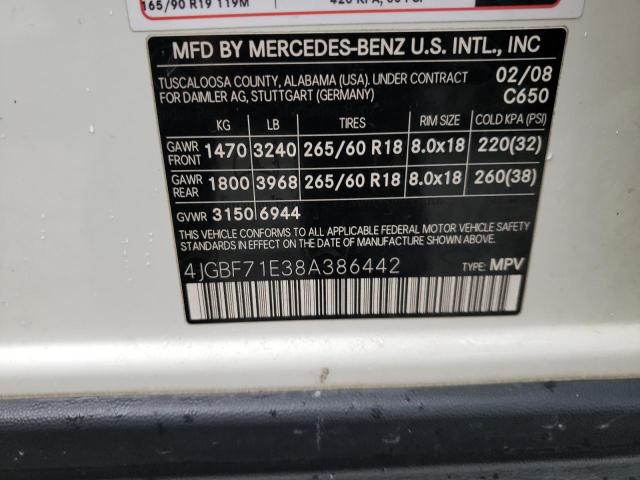 4JGBF71E38A386442 - 2008 MERCEDES-BENZ GL 450 4MATIC WHITE photo 13