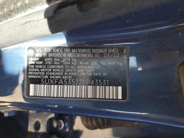 5UXFA53522LP43531 - 2002 BMW X5 3.0I BLUE photo 12