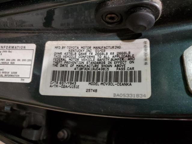 4T1BF30K13U043815 - 2003 TOYOTA CAMRY LE GREEN photo 12