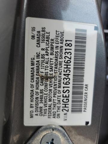 2HGES16345H623181 - 2005 HONDA CIVIC DX VP GRAY photo 12