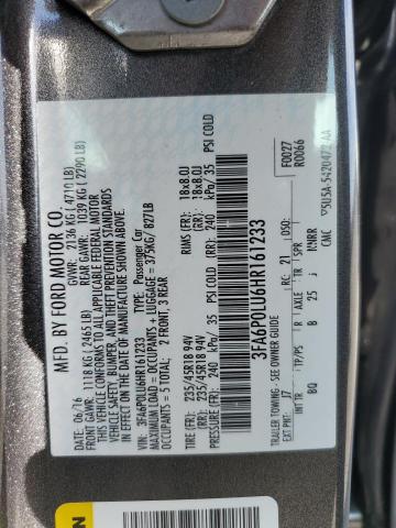 3FA6P0LU6HR161233 - 2017 FORD FUSION SE HYBRID CHARCOAL photo 12