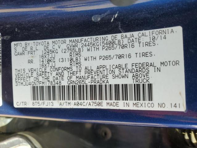 3TMJU4GN7FM178348 - 2015 TOYOTA TACOMA DOUBLE CAB PRERUNNER BLUE photo 12