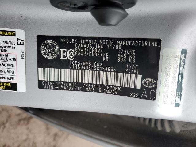 2T1BU40E19C154865 - 2009 TOYOTA COROLLA BASE SILVER photo 12