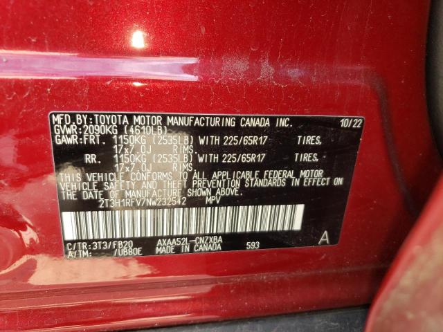 2T3H1RFV7NW232542 - 2022 TOYOTA RAV4 LE RED photo 14