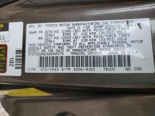 5TETX22N29Z644979 - 2009 TOYOTA TACOMA ACCESS CAB BROWN photo 12