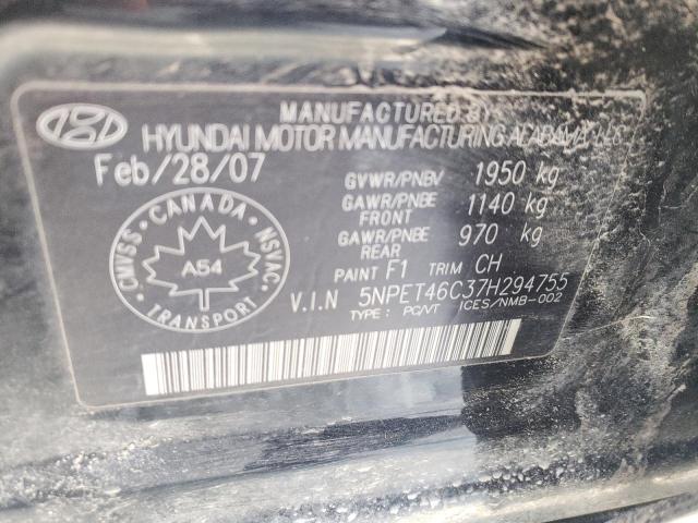 5NPET46C37H294755 - 2007 HYUNDAI SONATA GLS BLACK photo 13