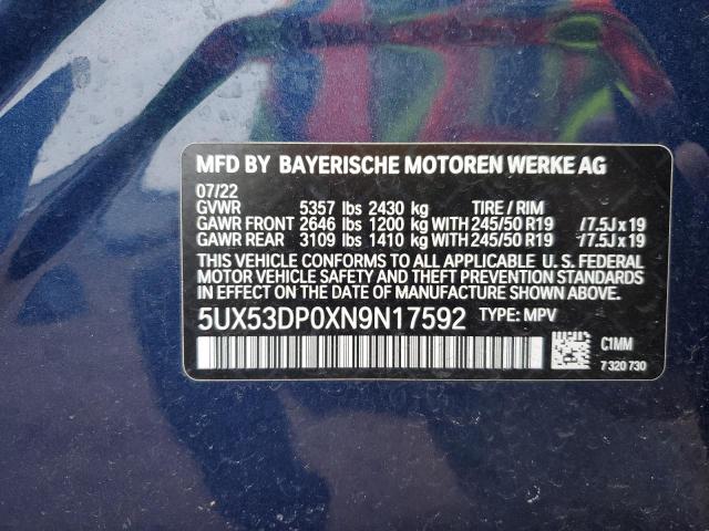 5UX53DP0XN9N17592 - 2022 BMW X3 XDRIVE30I BLUE photo 13