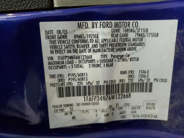 1FAFP34N76W122668 - 2006 FORD FOCUS ZX4 BLUE photo 12