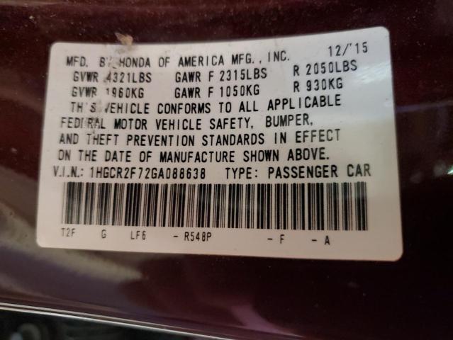 1HGCR2F72GA088638 - 2016 HONDA ACCORD EX MAROON photo 13