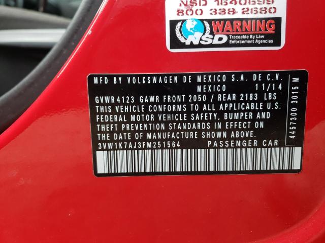 3VW1K7AJ3FM251564 - 2015 VOLKSWAGEN JETTA BASE Կարմիր լուսանկար 12