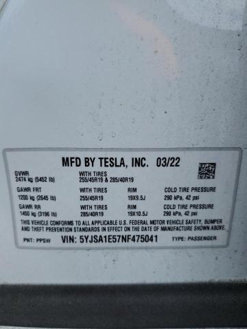 5YJSA1E57NF475041 - 2022 TESLA MODEL S Սպիտակ լուսանկար 13