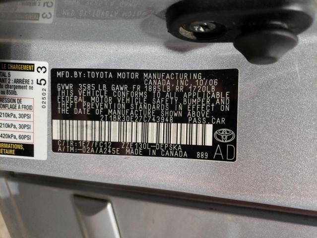 2T1BR30E27C743948 - 2007 TOYOTA COROLLA CE SILVER photo 12