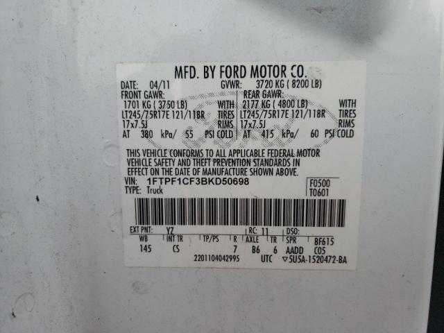 1FTPF1CF3BKD50698 - 2011 FORD F150 WHITE photo 12