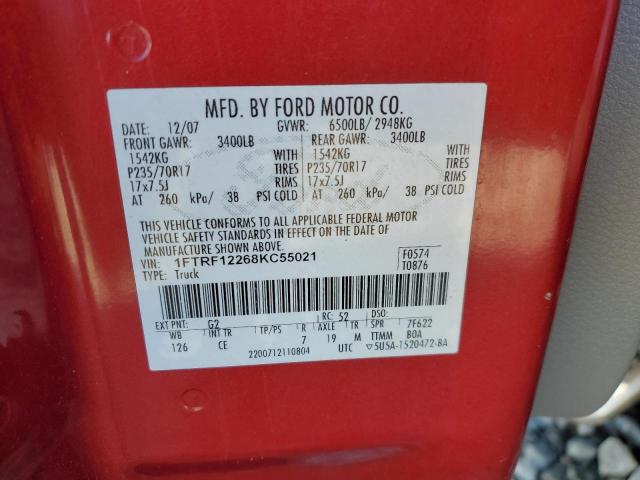 1FTRF12268KC55021 - 2008 FORD F150 RED photo 12