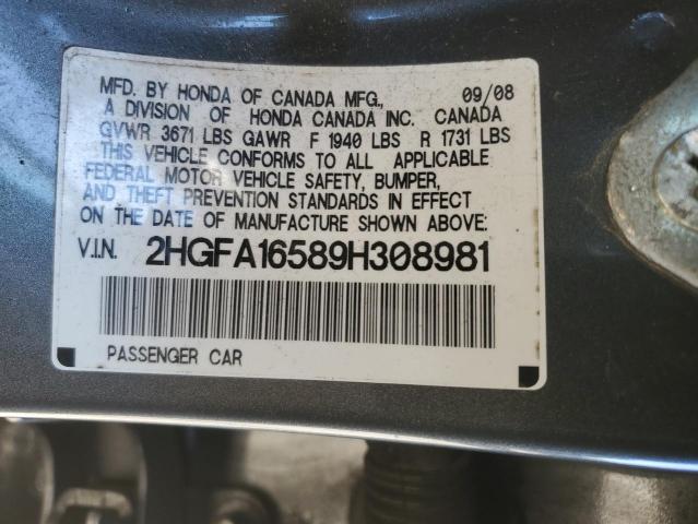 2HGFA16589H308981 - 2009 HONDA CIVIC LX GRAY photo 12