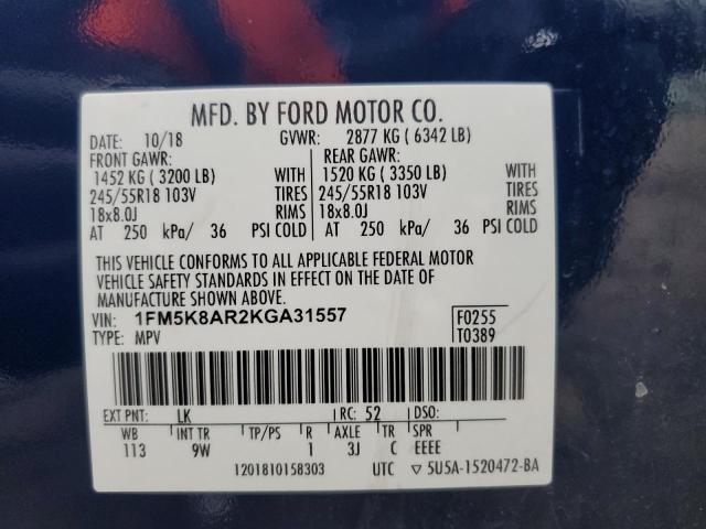 1FM5K8AR2KGA31557 - 2019 FORD EXPLORER POLICE INTERCEPTOR Mavi foto 12