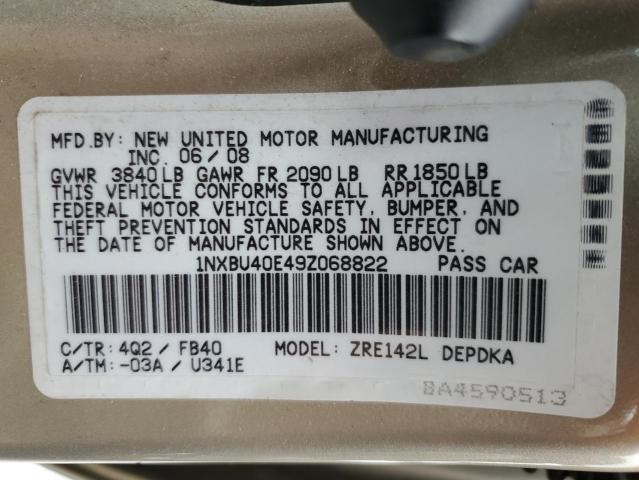 1NXBU40E49Z068822 - 2009 TOYOTA COROLLA BASE GOLD photo 12