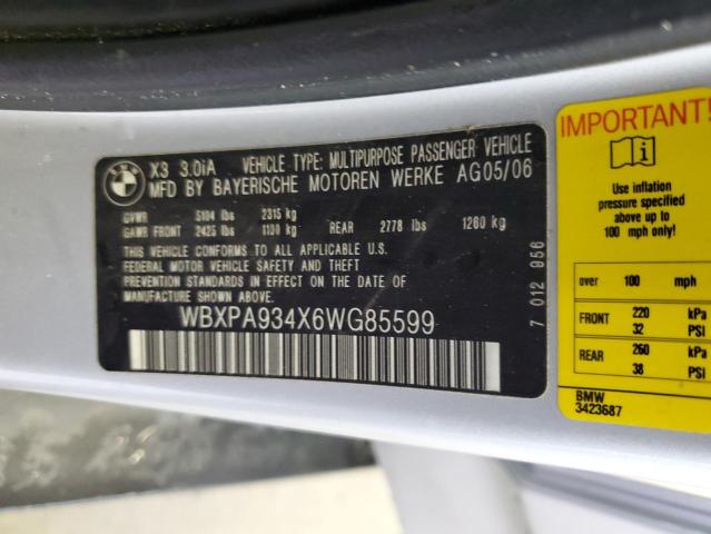 WBXPA934X6WG85599 - 2006 BMW X3 3.0I SILVER photo 13