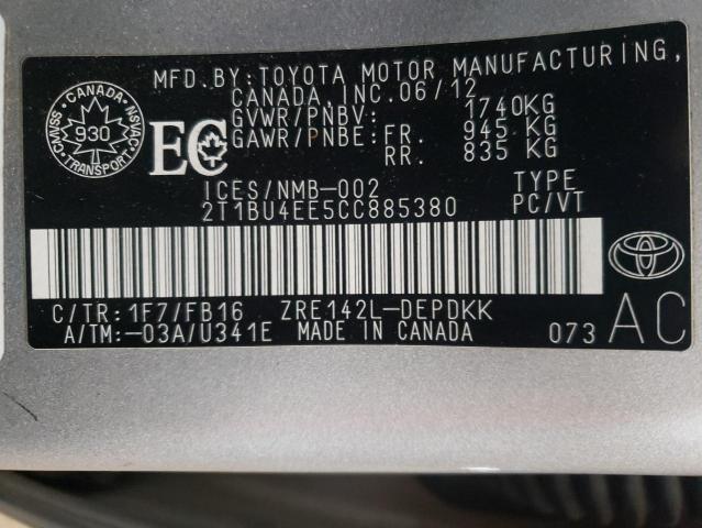 2T1BU4EE5CC885380 - 2012 TOYOTA COROLLA BASE SILVER photo 13