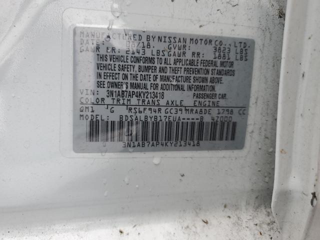 3N1AB7AP4KY213418 - 2019 NISSAN SENTRA S WHITE photo 13