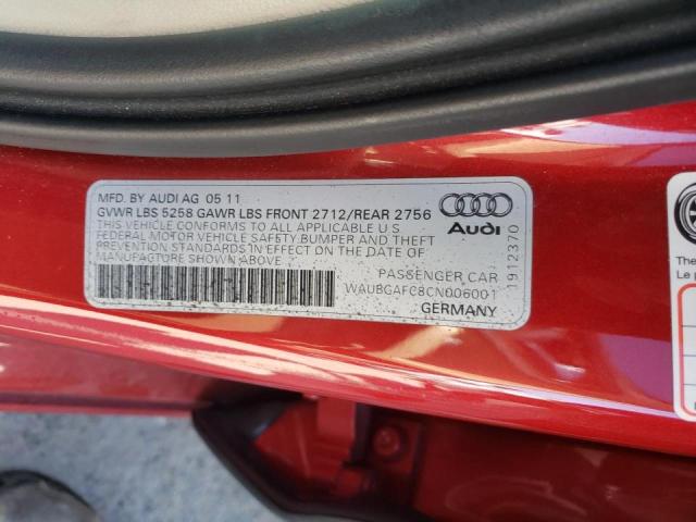 WAUBGAFC8CN006001 - 2012 AUDI A6 RED photo 12