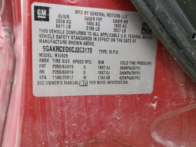 5GAKRCED6CJ263170 - 2012 BUICK ENCLAVE RED photo 12