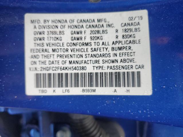 2HGFC2F64KH540380 - 2019 HONDA CIVIC LX BLUE photo 12