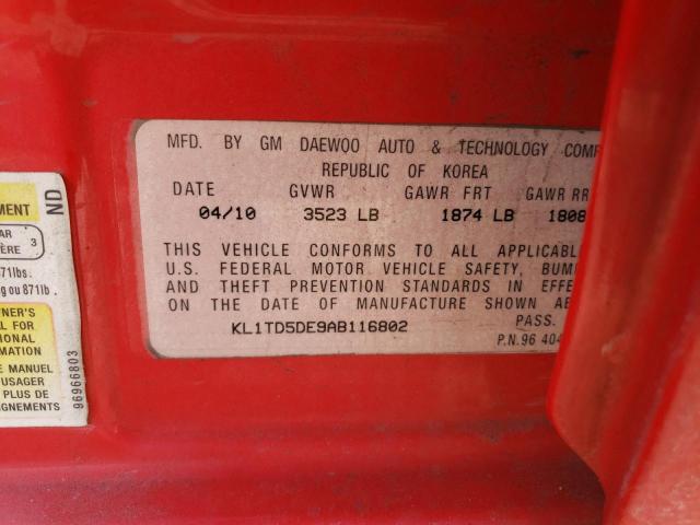 KL1TD5DE9AB116802 - 2010 CHEVROLET AVEO LS 红色 照片 12