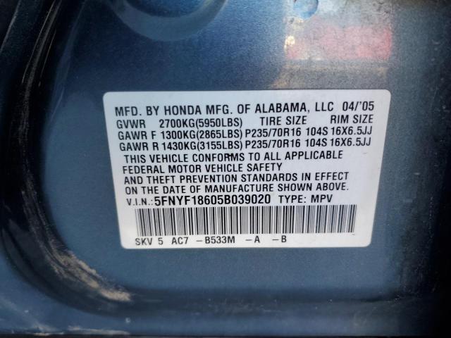 5FNYF18605B039020 - 2005 HONDA PILOT EXL TEAL photo 13