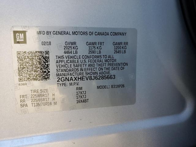 2GNAXHEV8J6285663 - 2018 CHEVROLET EQUINOX LS SILVER photo 12