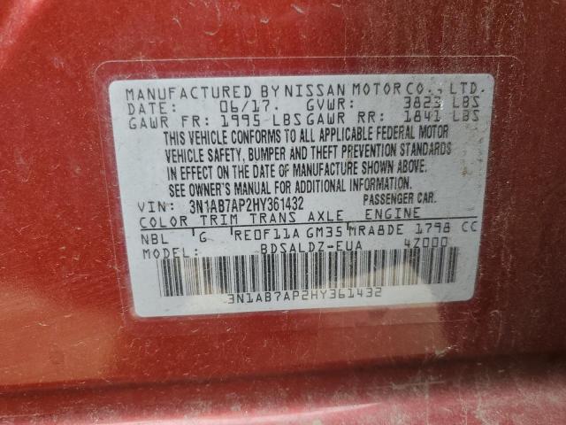 3N1AB7AP2HY361432 - 2017 NISSAN SENTRA S RED photo 12