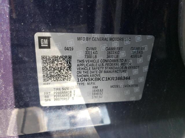 1GNSKBKC1KR346344 - 2019 CHEVROLET TAHOE K1500 LT BLUE photo 10