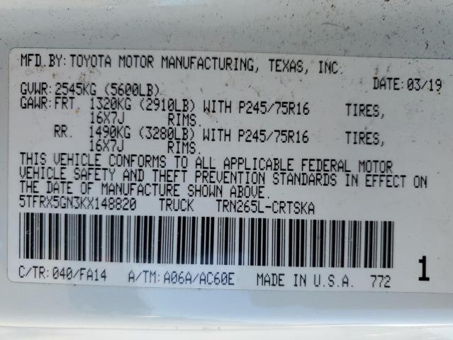 5TFRX5GN3KX148820 - 2019 TOYOTA TACOMA ACCESS CAB WHITE photo 12